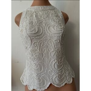 VTG J KARA Sequin Beaded Ivory Blouse Top Tank Lined Party Bride Wedding Small